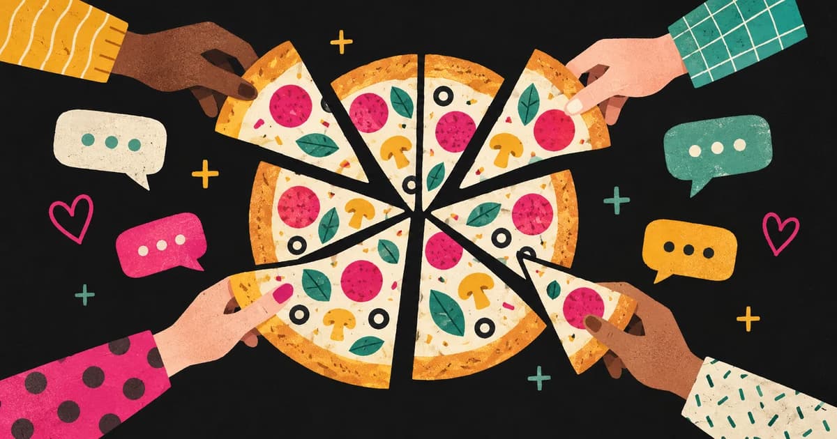 Illustrated hands passing pizza slices around a table, surrounded by colourful chat bubbles