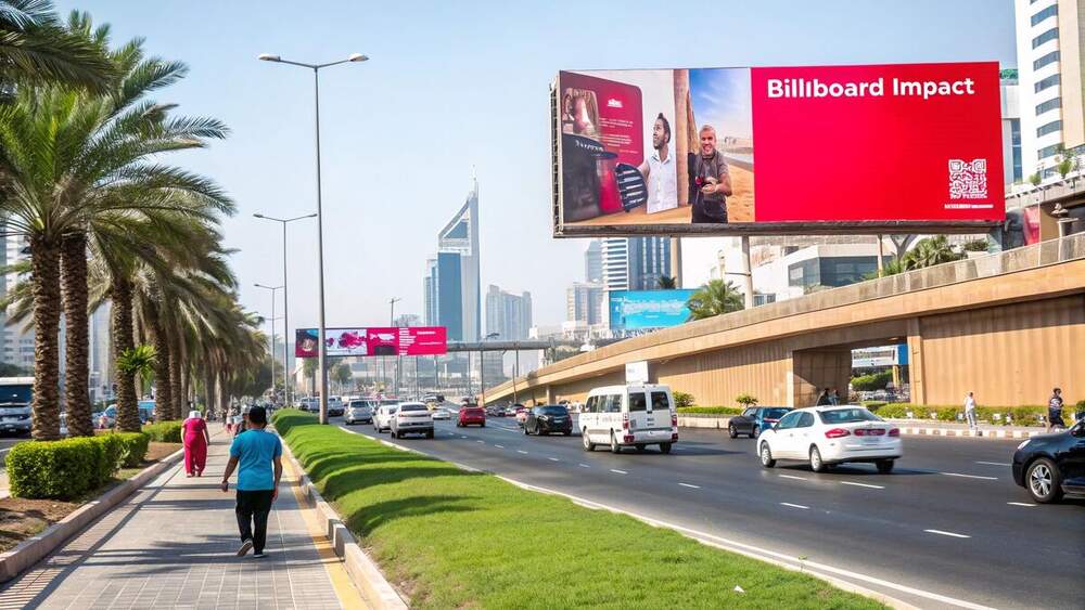 Billboards along a busy Dubai highway at night