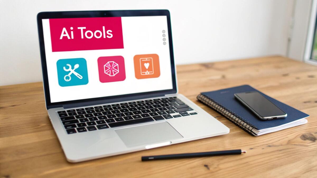 A silver laptop displaying 'Ai Tools' with icons on a wooden desk, next to a notebook and smartphone.