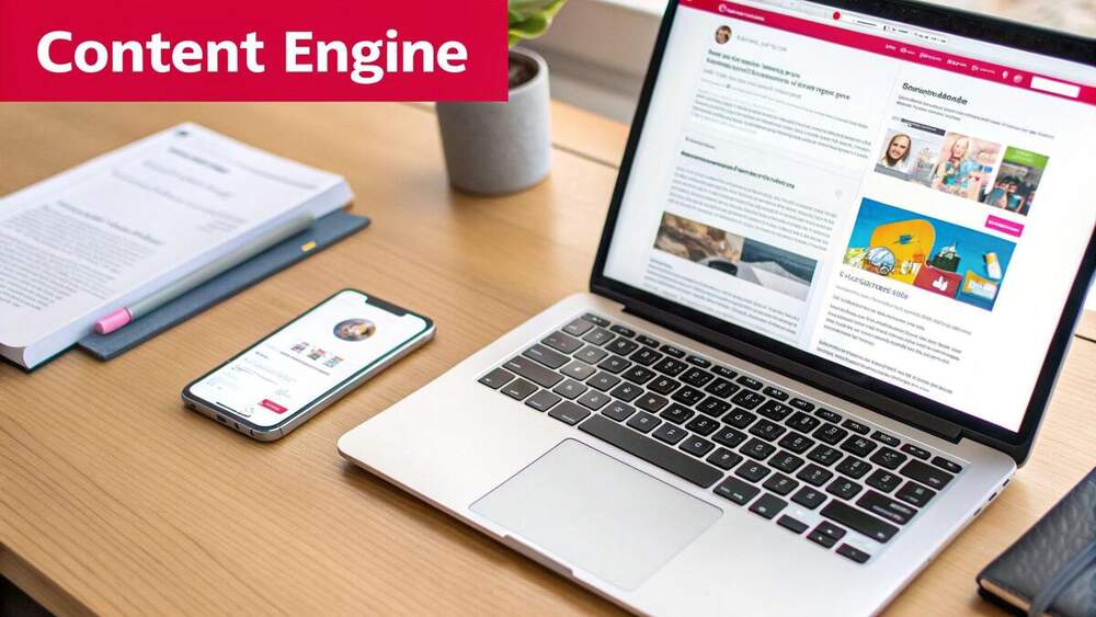 A wooden desk featuring a laptop, smartphone, and book, with a 'Content Engine' text overlay.
