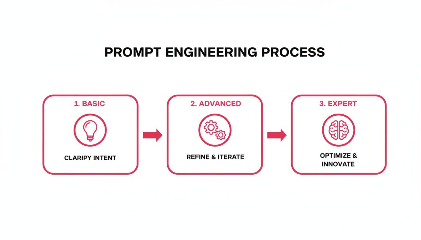 A three-stage prompt engineering process: Basic (clarify intent), Advanced (refine & iterate), and Expert (optimize & innovate).