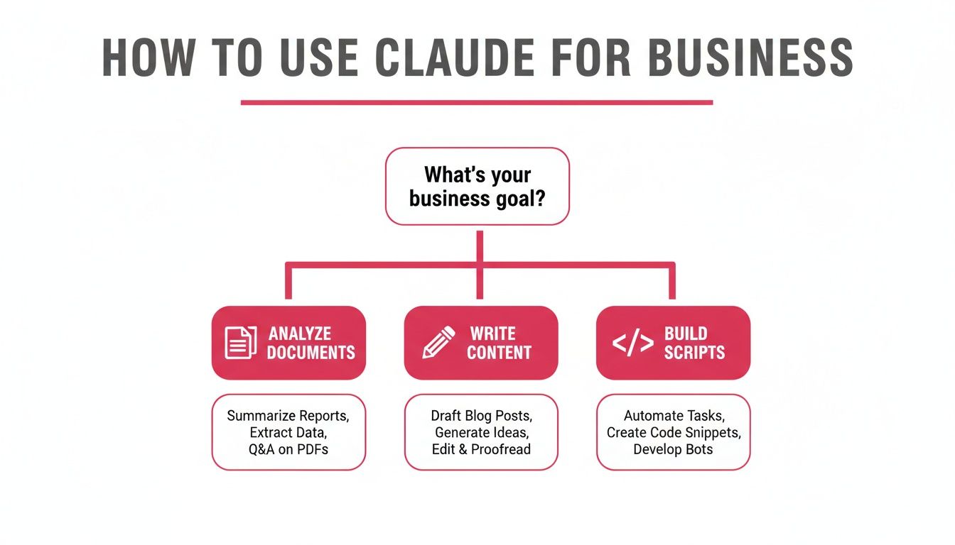 Flowchart detailing how Claude AI enhances business operations through document analysis, content creation, and script building.