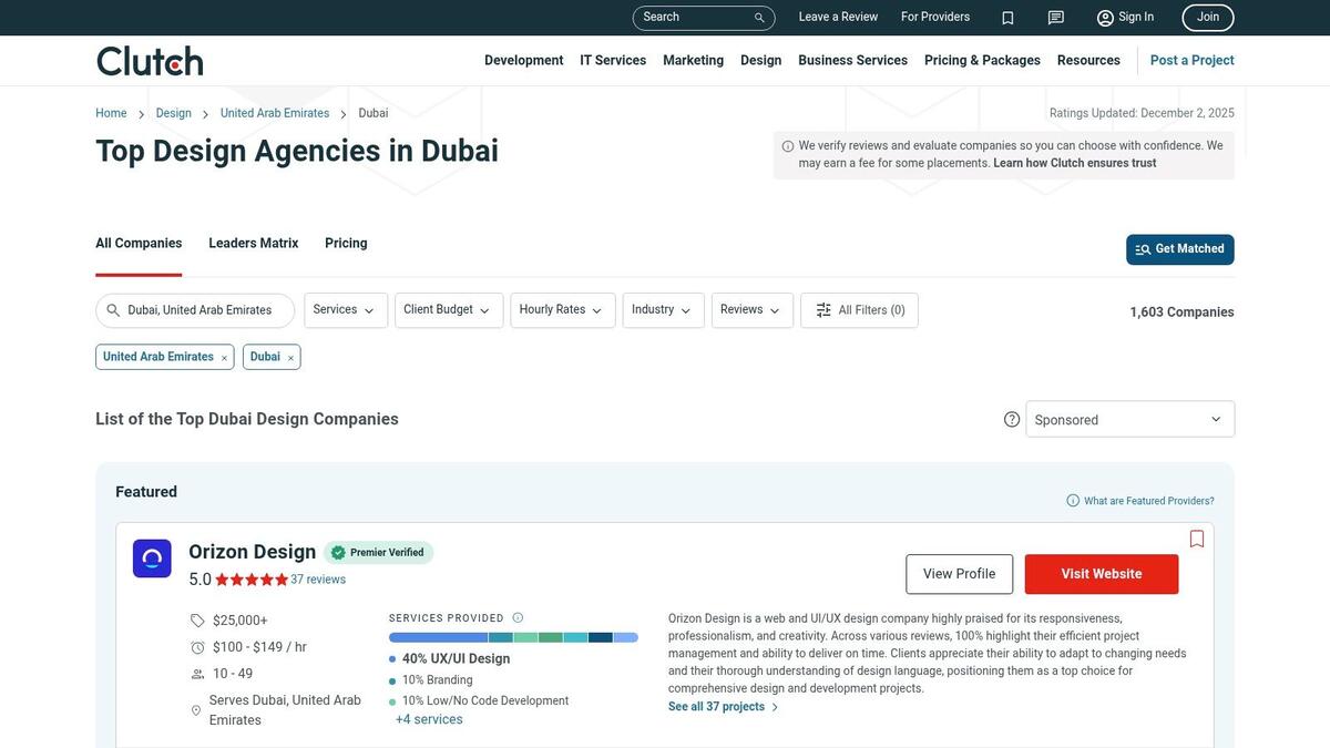 A screenshot of the Clutch website showing a list of design agencies in Dubai, with filters for services and location visible.