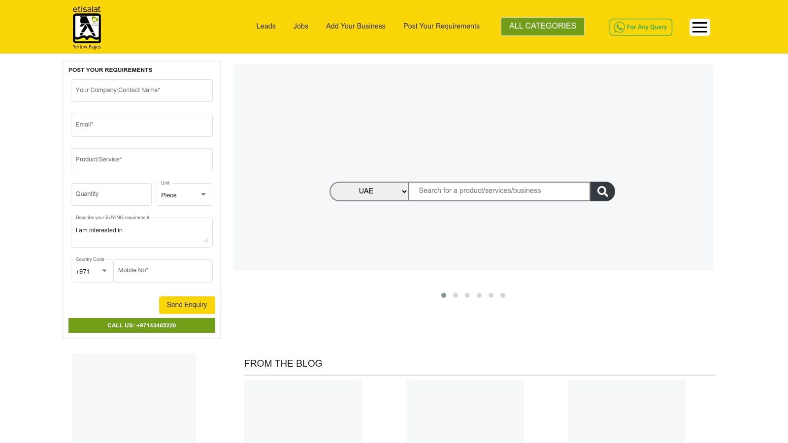A screenshot of the YellowPages UAE website showing a contact form for a local design agency.