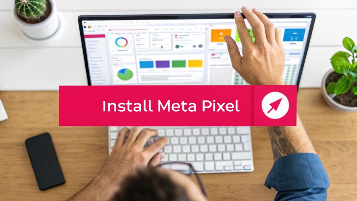 Hands interacting with a computer displaying analytics and a banner "Install Meta Pixel."