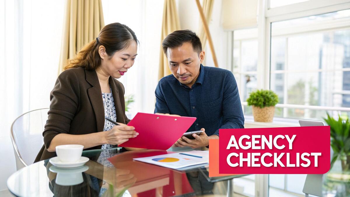 Group of professionals in Dubai evaluating a Google Ads agency checklist on a digital tablet.