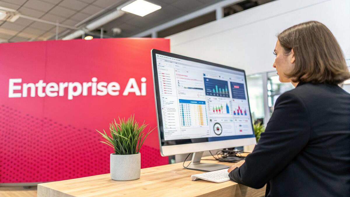 Professional woman analyzing enterprise AI dashboard with data visualizations and analytics on computer screen
