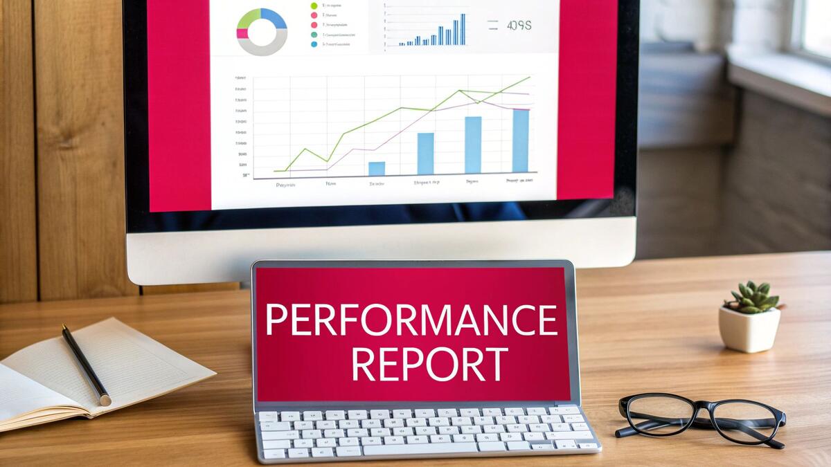 A desk with a monitor displaying performance graphs and a laptop showing a 'PERFORMANCE REPORT'.