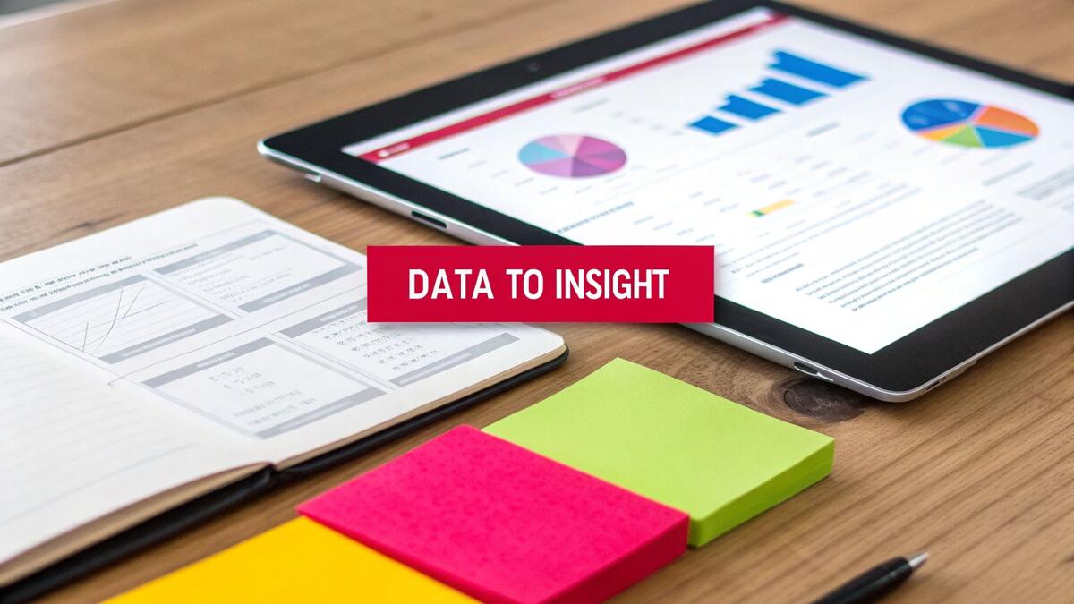 A tablet displaying data visualizations, a notebook, sticky notes, and a 'DATA TO INSIGHT' banner on a wooden desk.