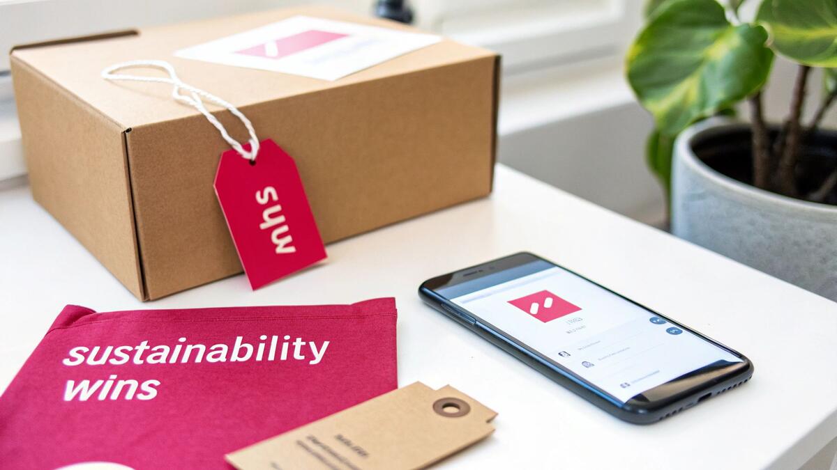 A brown cardboard package with a red 'mhs' tag, a 'sustainability wins' cloth, and a smartphone.