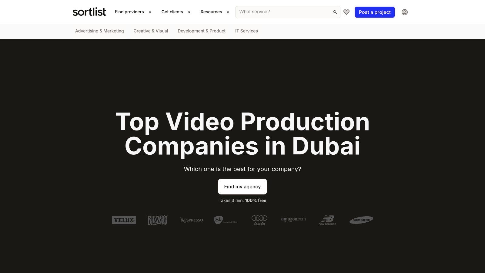 A screenshot of the Sortlist website showcasing a curated list of video production agencies in Dubai, with filters and agency previews.