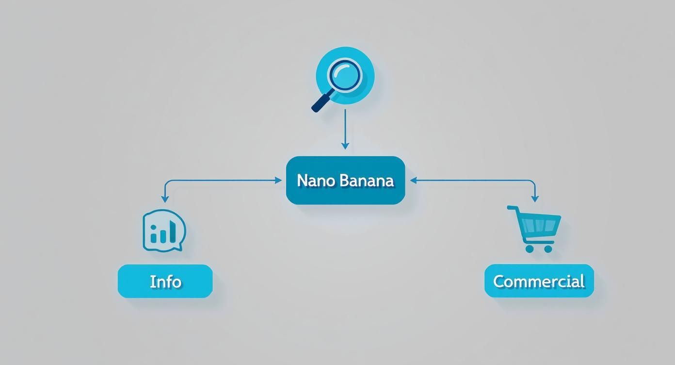 A flowchart showing search results for 'Nano Banana' leading to 'Info' and 'Commercial' categories.