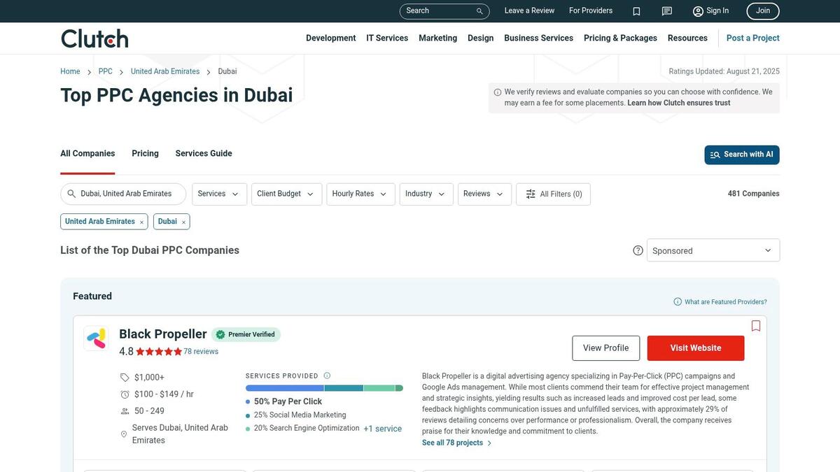 A screenshot of the Clutch website's directory for PPC agencies in Dubai, showing a list of companies with their ratings, reviews, and key details.