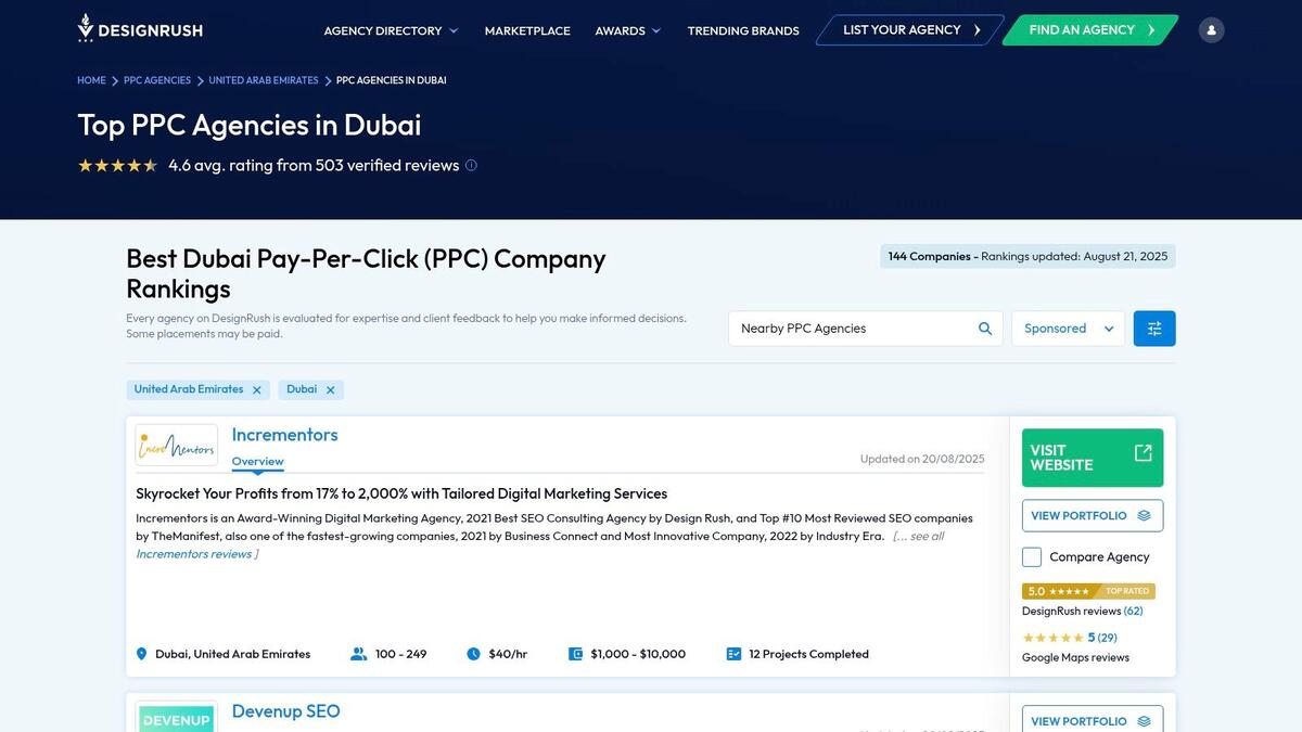 A screenshot of the DesignRush website showcasing its list of top PPC agencies in Dubai, with each agency profile displayed as a card showing key details like minimum project size and team size.