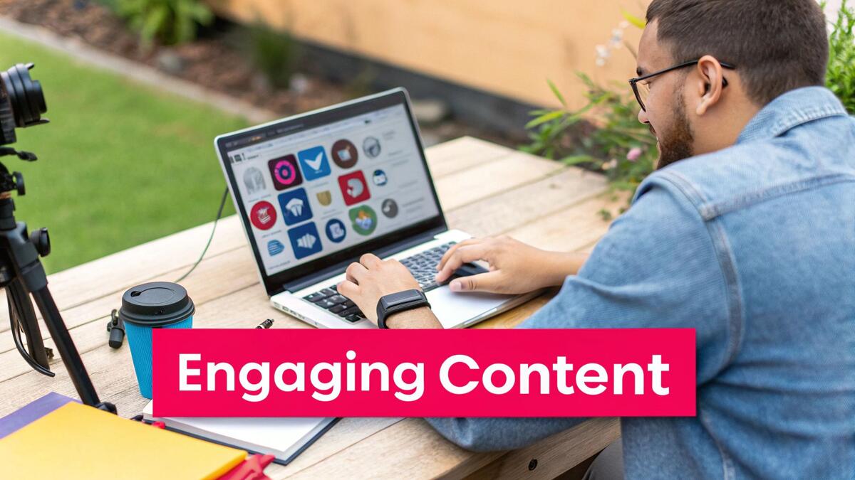 A person analyzing advertising performance charts on a tablet, with social media icons floating nearby.