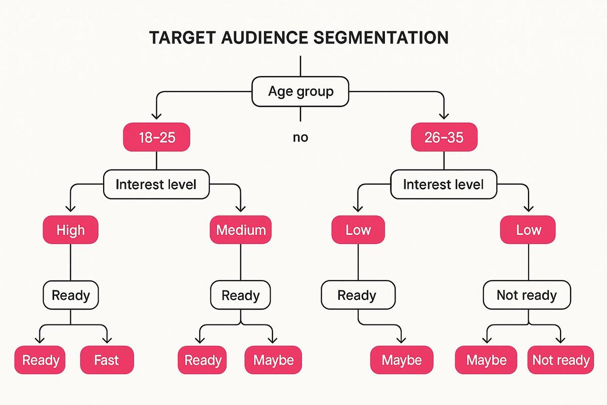 An infographic decision tree visualizing target audience segmentation based on age, interest level, and purchase intent.