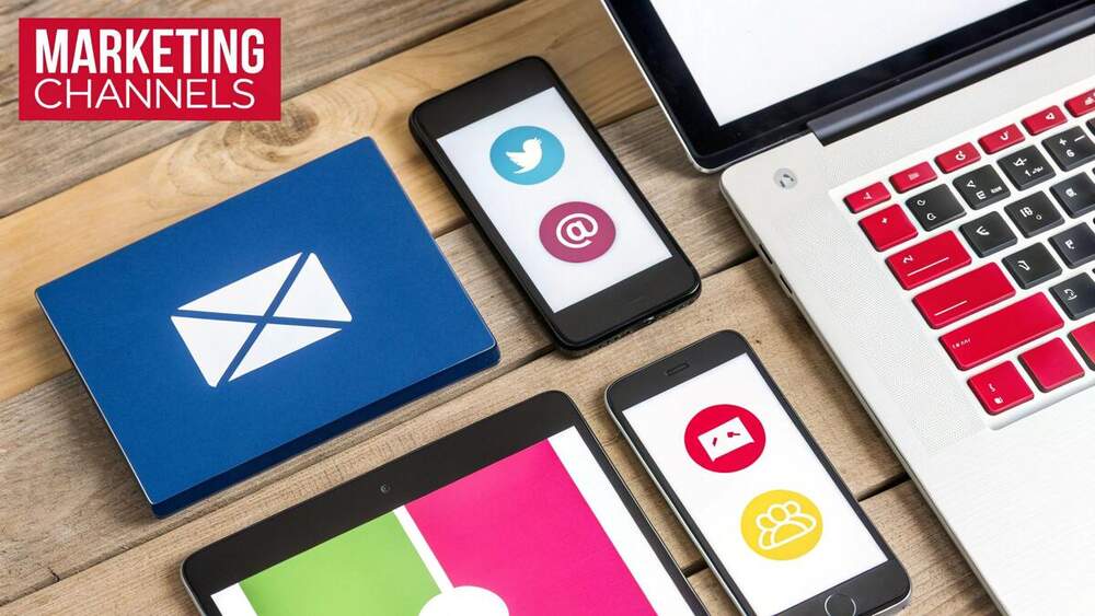 A clean and modern desk setup showing a laptop, tablet, and smartphone displaying various marketing analytics dashboards.