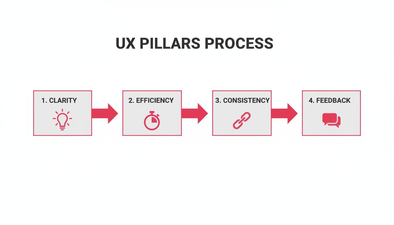 A diagram outlining the UX Pillars Process with four steps: Clarity, Efficiency, Consistency, and Feedback.