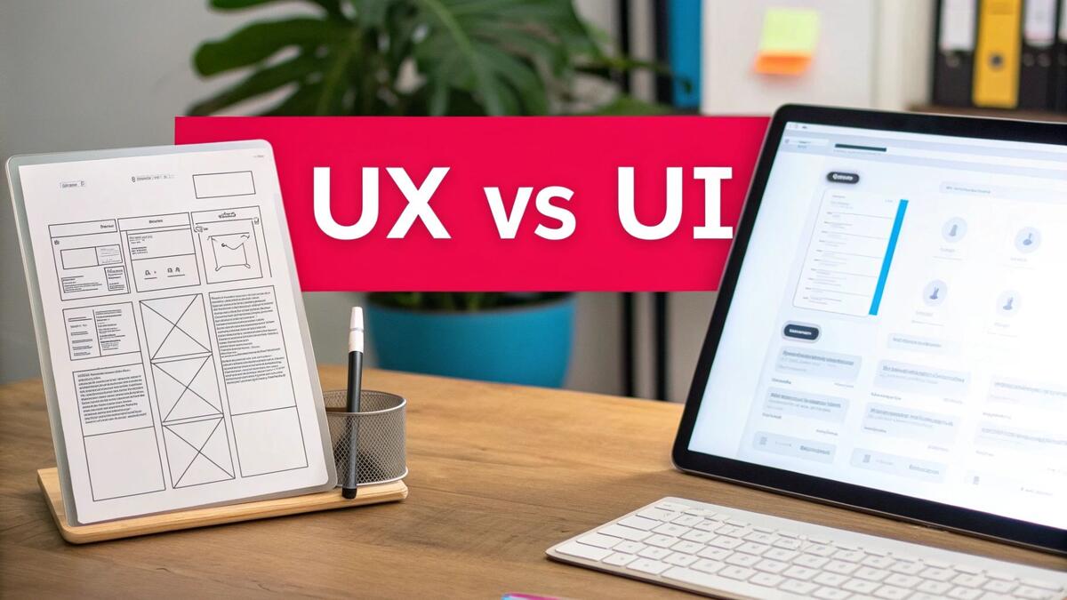Two tablets on a desk comparing UX wireframes and UI designs, with a 'UX vs UI' banner.