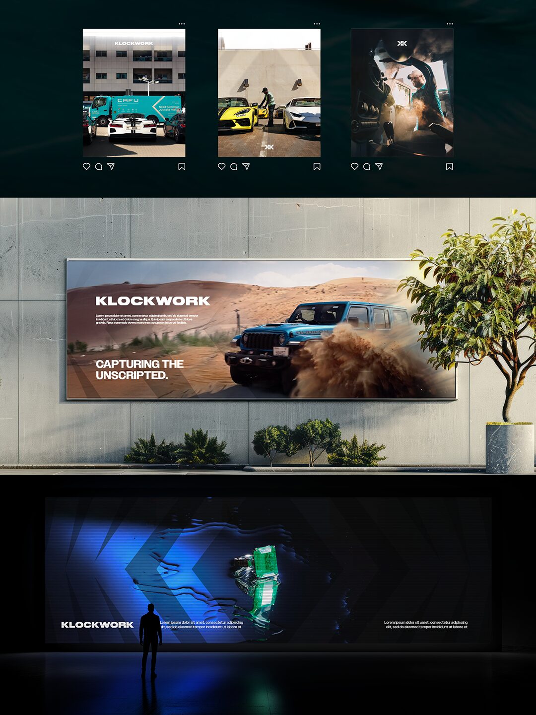 Klockwork brand applied to Instagram posts, an outdoor billboard and a large-format screen