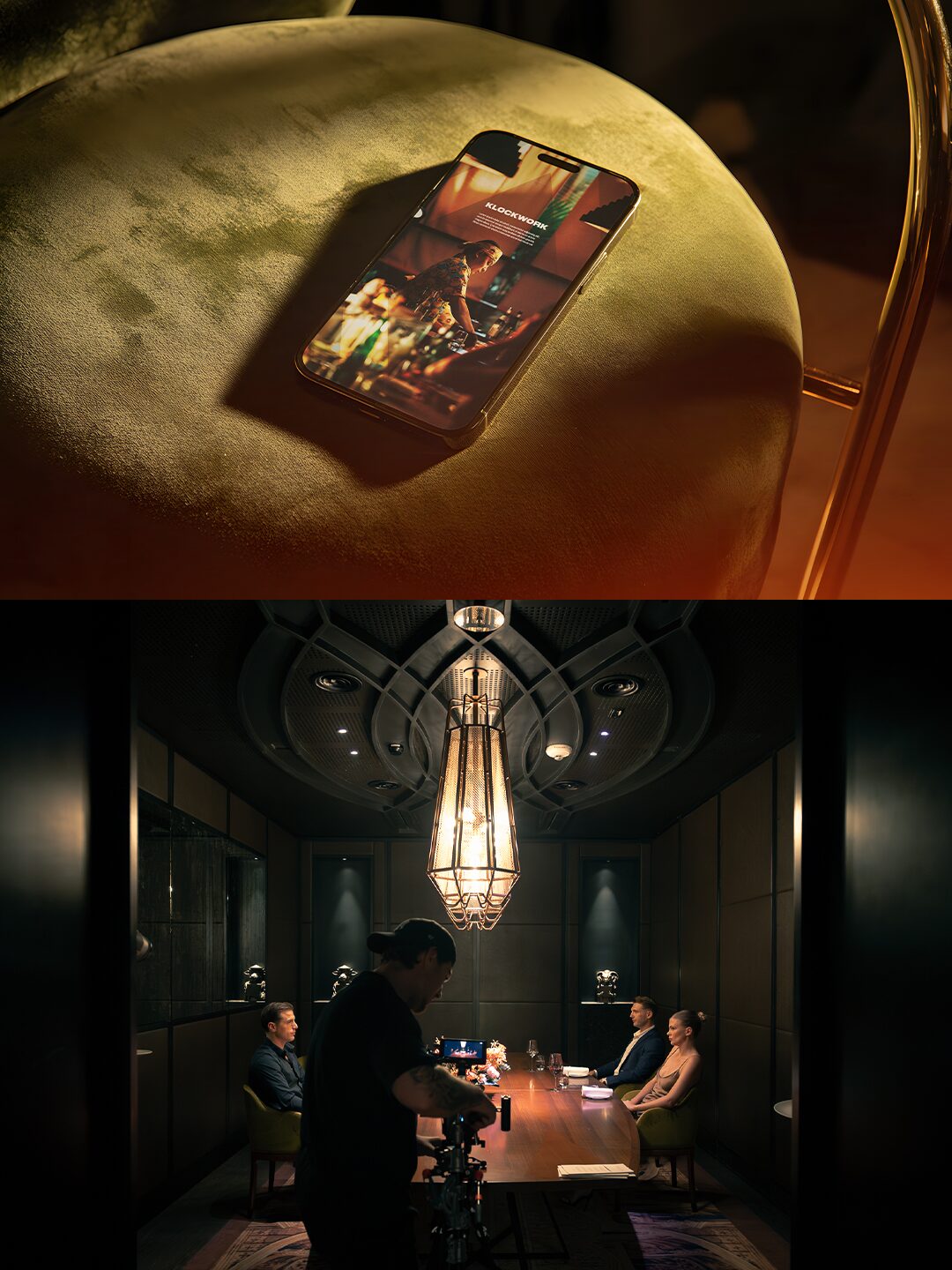 Klockwork mobile site on a phone, and a Klockwork film crew shooting a dinner scene