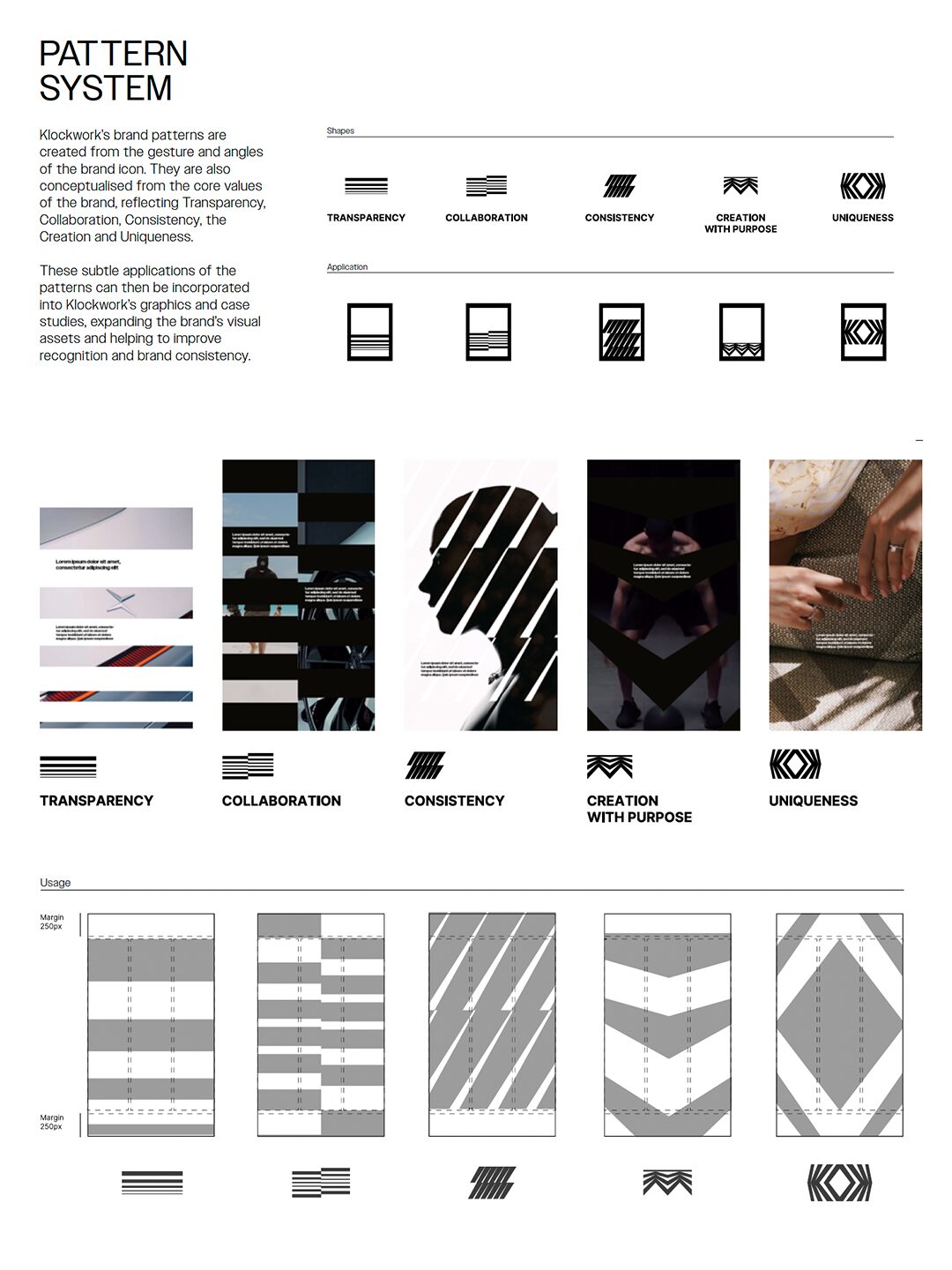 Klockwork pattern system: five patterns for Transparency, Collaboration, Consistency, Creation with Purpose and Uniqueness, with usage examples